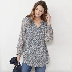 LC Lauren Conrad Floral Patterned Blouse - Blue and Cream